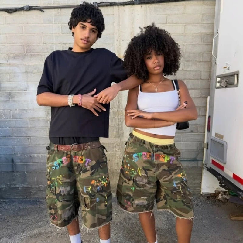 STORESDE Y2K American Cargo Shorts Paint Splatter Camouflage Pattern Bottom New Trendy Retro Hip Hop Streetwear Unisex Baggy Short Pants