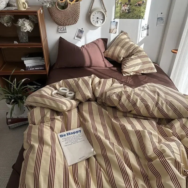 STORESDE Bedding Set Ins Ambiance Blue Coffee Grid Mixed With Washed Cotton Minimalist Four Piece Set Fitted Sheets Duvet Cover
