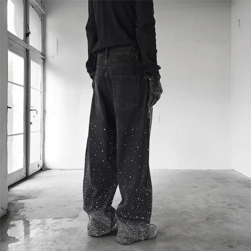 STORESDE Autumn Winter High Street Denim Pants Men's Retro Full Diamond Hot Stamping Hip-hop Loose Straight Leg Wide Leg Streetwear Jeans