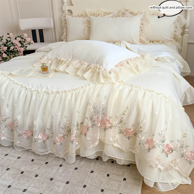 STORESDE 3pcs Korean style Duvet Cover Set (1*Duvet Cover + 2*Pillowcase, Without Core), Lace embroidery Bedding Set
