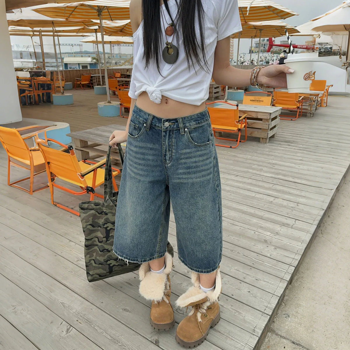 STORESDE Washed Fringed Design Wide Leg Denim Cropped Pants Versatile Casual Niche Design Straight Knee Length Pants