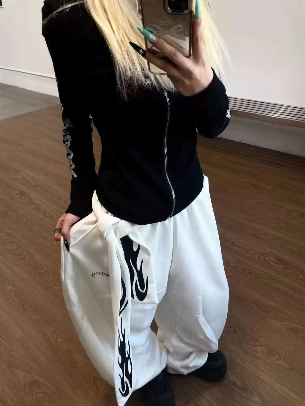 STORESDE American Retro Flame Letter Print Detachable Strap Scimitar Pants Jazz Casual Hip-Hop Loose Wide-Leg Fashion Jogging Sweatpants