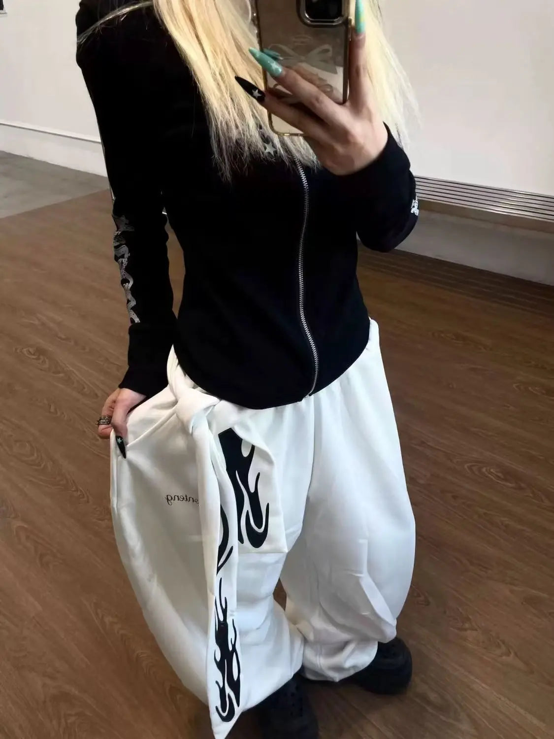 STORESDE American Retro Flame Letter Print Detachable Strap Scimitar Pants Jazz Casual Hip-Hop Loose Wide-Leg Fashion Jogging Sweatpants