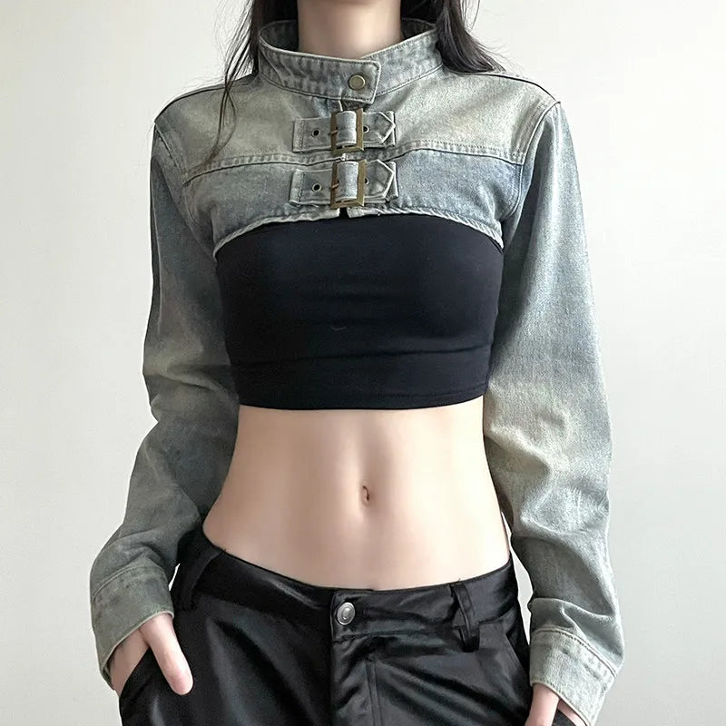 STORESDE MEXZT Y2K Cropped Denim Jacket Women Vintage 90S Sexy Long Sleeve Jeans Coats Summer Gyaru Harajuku Streetwear Design Outerwears