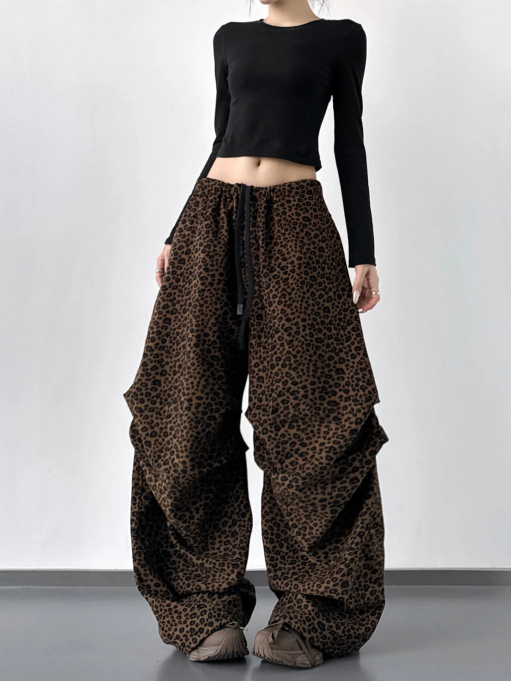STORESDE Leopard Print Fleece Wide Leg Pants For Women Autumn Winter American Casual Fashion Retro Pleated Thicken Trousers
