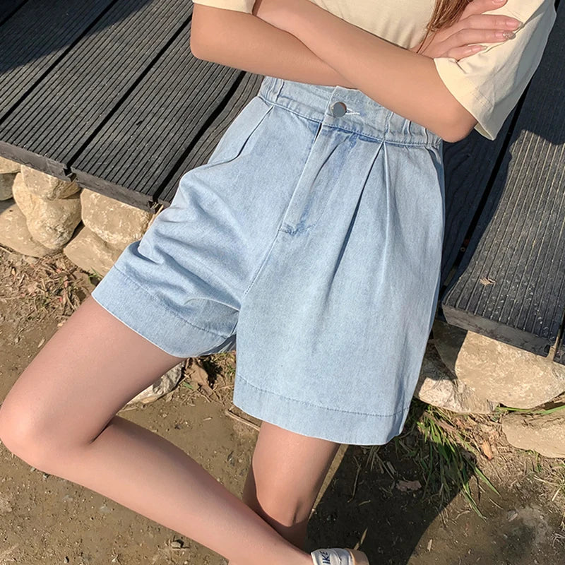 STORESDE Casual Plus Size Summer Denim Shorts Woman Loose Wide Leg Jean Baggy Shorts Women Cotton Ealstic Waist Short Pants Bermuda Femme