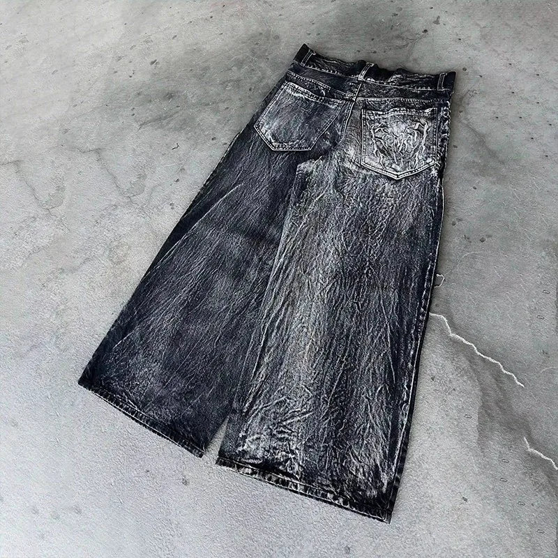 STORESDE Gothic Retro Baggy Unisex Mopping Pants Y2K Phantom Jeans High Street Spider Embroidered Patch Hip Hop Streetwear Straight Jeans