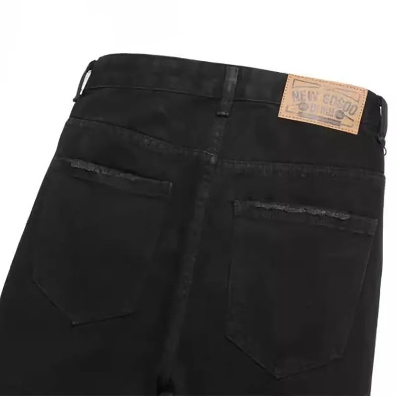 STORESDE Autumn And Winter Retro Black Ripped Jeans Men'S Straight Leg Pants Pentagram Patch Casual Jeans Pants