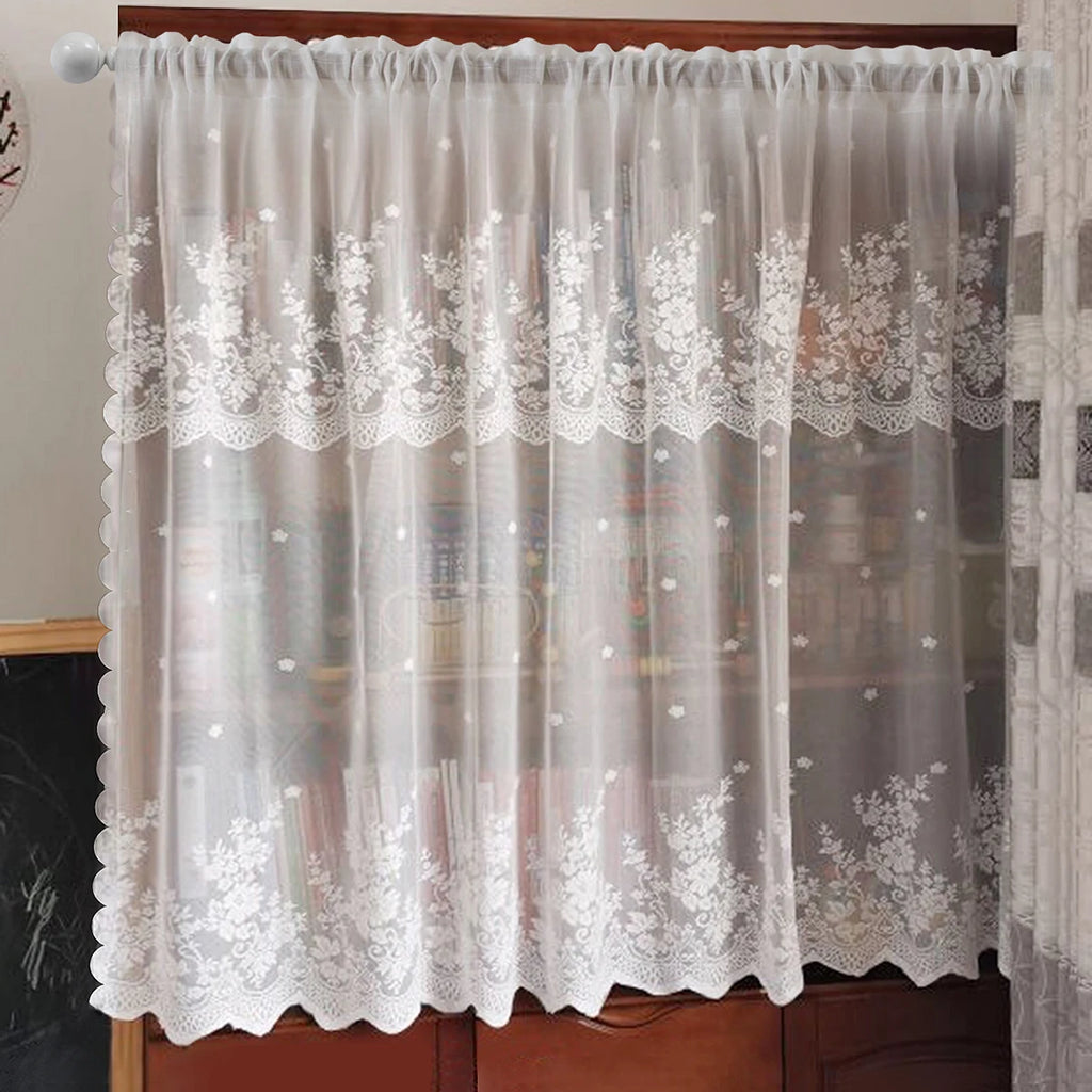STORESDE 1PC White Short Lace Curtain,Cute Floral Pattern Kitchen Valance,Window Valances Pastoral Tulle Voile Home Decor Kitchen Door