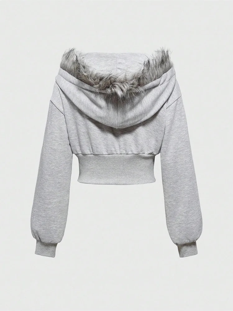 STORESDE Winter Warm Gothic Print Hoodie Women's Faux Fur Crop Top Zip-Up Sweatshirt Fashion Y2K Streetwear Hooded Jacket 2026 New