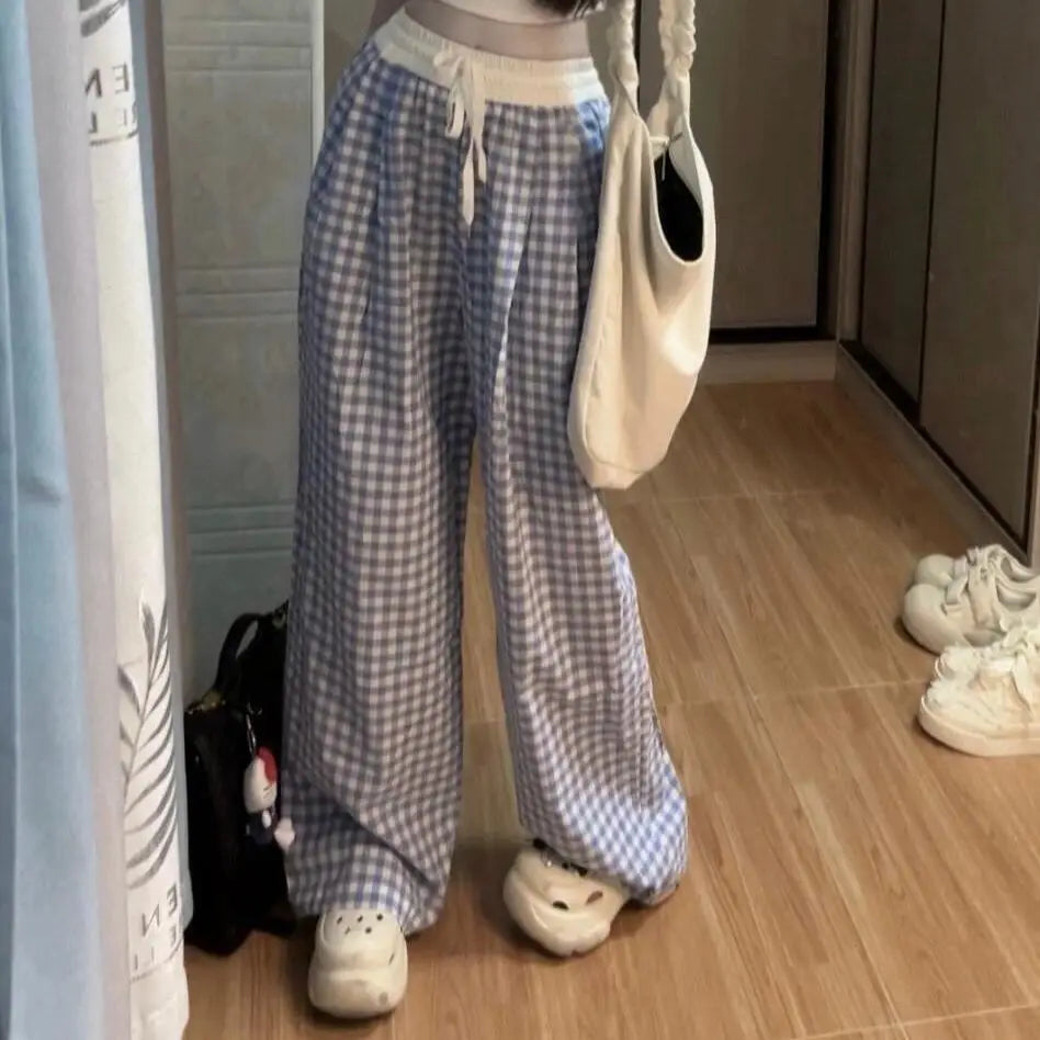 STORESDE Plaid Women's New High-waisted Loose Drape Slim Casual Lazy Straight Wide-leg Trousers