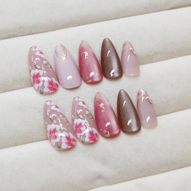 STORESDE 24Pcs Peach Blossom Press on Nails Cat's Eye Nude Glitter False Nail for Women&Girl Spring and Summer Detachable Wearable Nail