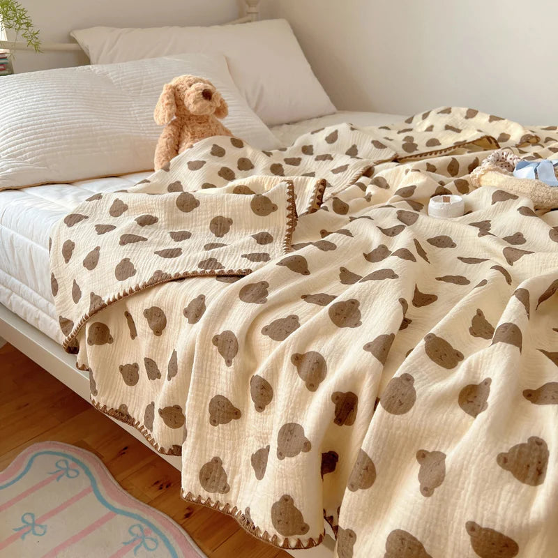 STORESDE 100% Cotton Blanket INS Style Pure Cotton Crepe Yarn Summer Blanket Single/Queen/King Size Cartoon Quilt for Kids Soft Plaids