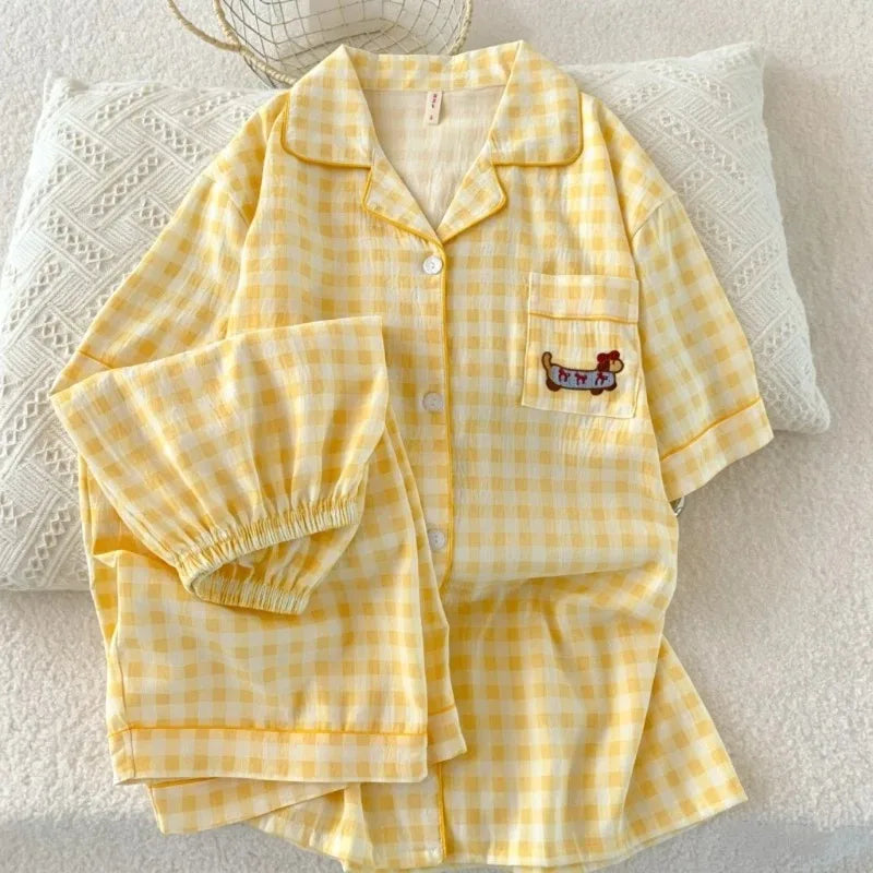 STORESDE Y2K Embroidery Plaid Dachshund 2PC Set Women's Pajamas Sweet Cute Short Sleeve Shorts Pajamas Lapel Neck New Summer Homewear