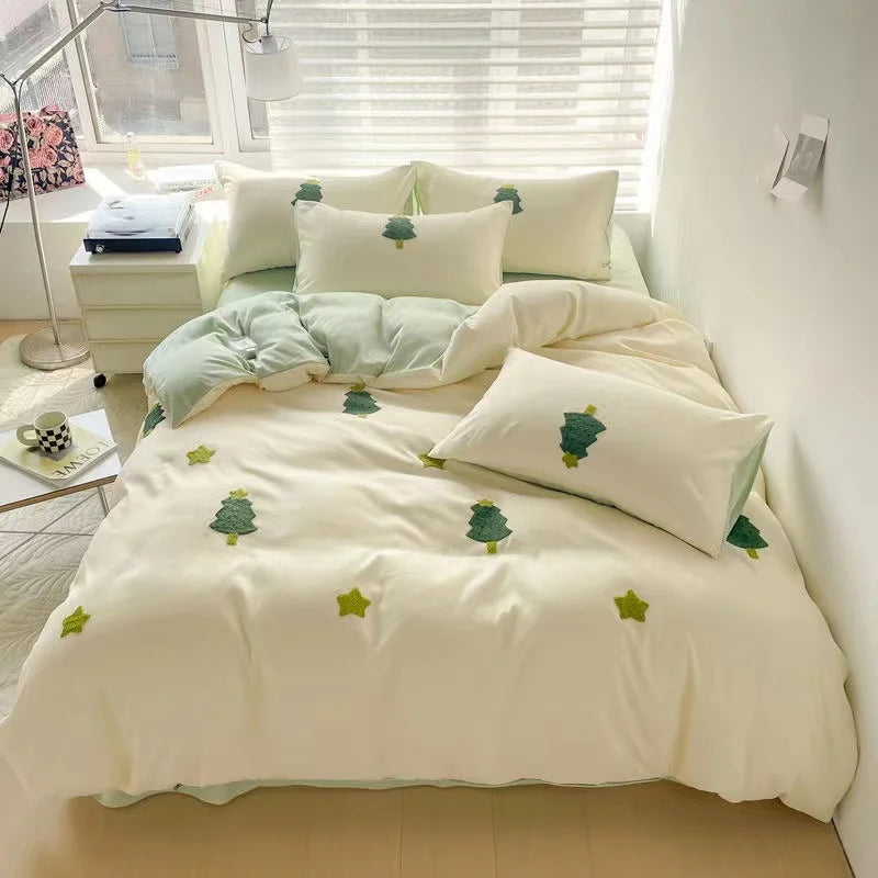 STORESDE Ins Embroidery  Bed Linen Twin Full Queen King Size  Bed Sheets Set  Adults Kids Floral Bed Flat Sheet Pillowcase Christmas Gift