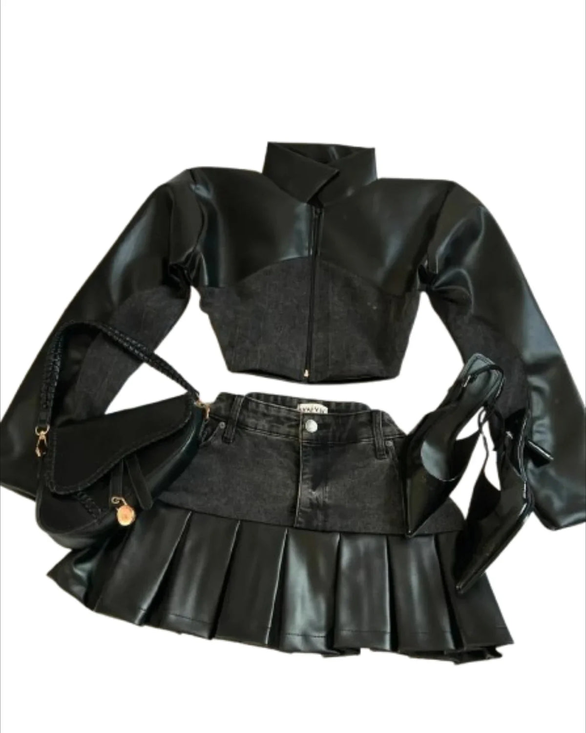 STORESDE Y2K Black Leather Spliced Denim Two Piece Set Women Harajuku Zipper Long Sleeved Jacket New Sexy Pleated Skirt Motorcycle Suit