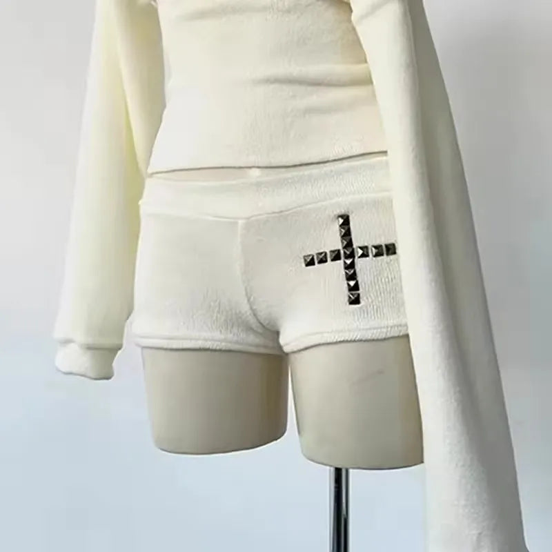 STORESDE Y2k American Gothic Punk Dark Style Hip Hop Women Rivet Design Streetwear Shorts Rock Fashion Vintage Casual Slim Two Piece Set