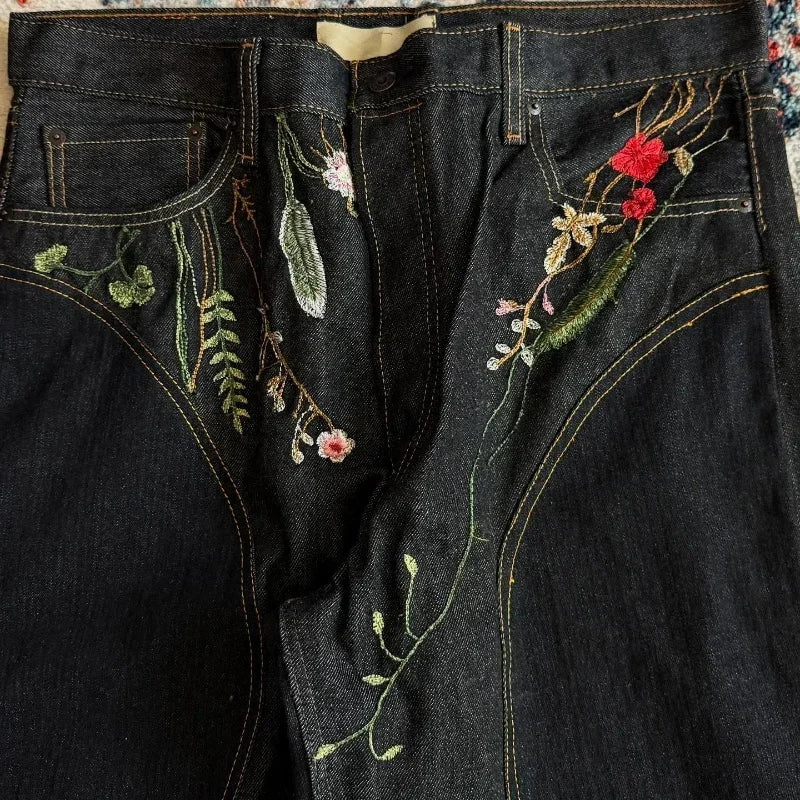 STORESDE Y2K Floral Baggy Jeans Retro Blossom Embroidery Streamlined Unisex Streetwear Gothic High Street Oversized Wide Leg Men Pants