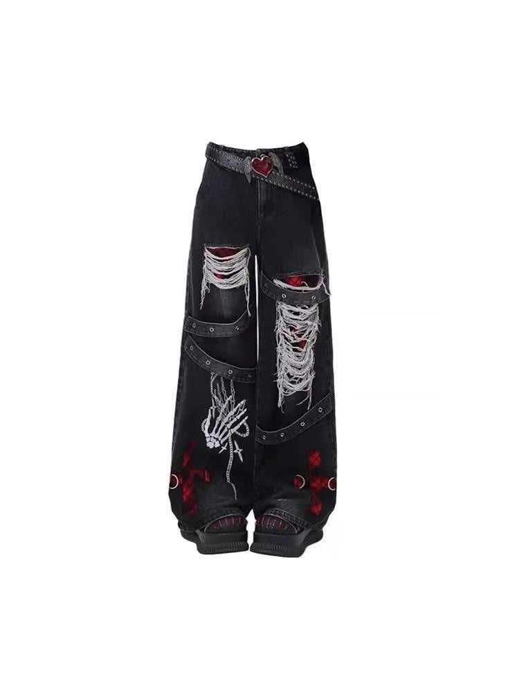 STORESDE Y2K High Street Red Letter Embroidered Baggy Jeans Women Gothic American New Straight Pants Fashion Street Retro Wide-leg Pants