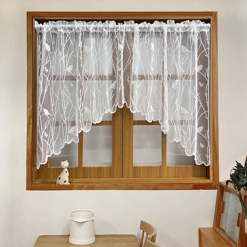 STORESDE 1pc Lace Bird Short Curtians for Kitchen Cafe Study Room Spring Pastoral Half Sheer Small Window Valance Drapes