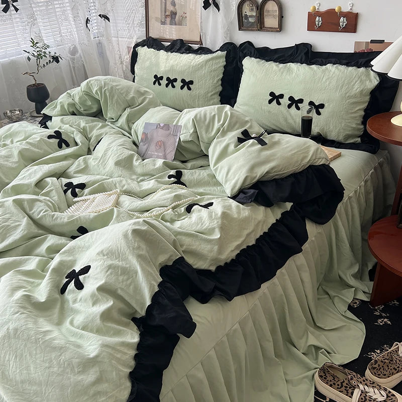 STORESDE Korean Princess Style Kawaii Girl Black Bow Bedding Set Skin-friendly Soft Duvet Cover Set Bed Sheet Or Bed Skirt Pillowcases