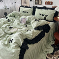 STORESDE Korean Princess Style Kawaii Girl Black Bow Bedding Set Skin-friendly Soft Duvet Cover Set Bed Sheet Or Bed Skirt Pillowcases