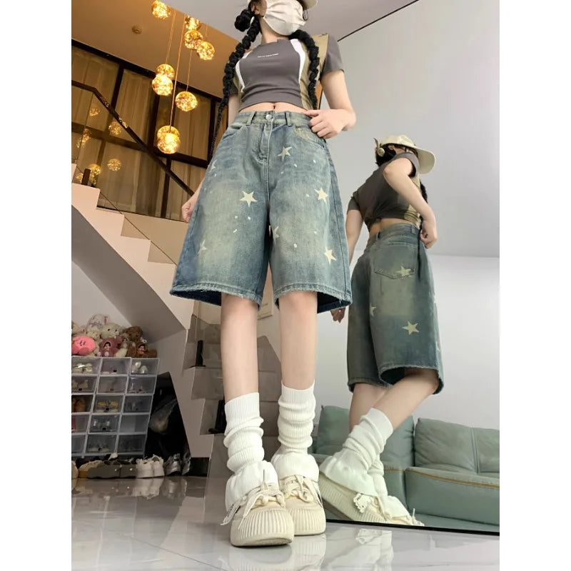 STORESDE Casual Floral Print Loose Wide Leg Womens Jeans New American Retro Star Design Straight Leg Comfort Stretch Soft Denim Shorts
