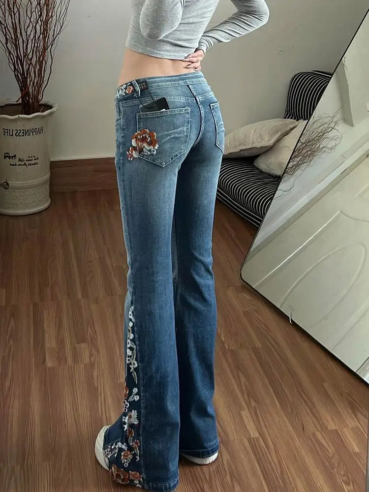 STORESDE American Niche Floral Embroidered Washed Jeans Woman Y2K Millennial Retro Street Casual Harajuku Hot Girl Micro-flare Slim Jeans