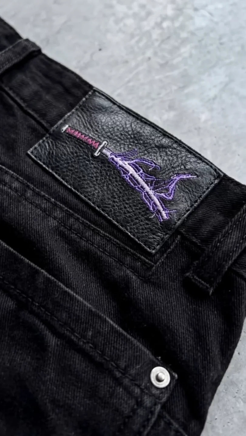 STORESDE Anime Character Embroidered Jeans Men Y2K Gothic Punk Straight Leg Loose High Waisted Jeans Street Retro Dark Denim Cargo Pants