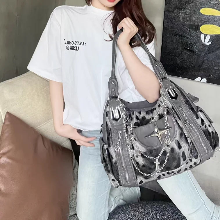 STORESDE Grey Leopard Print Hangbag Cross Star Subculture Y2k Shoulder Bags Hot Girl Tote Large Capacity Portable Messenger Bag 2026 New