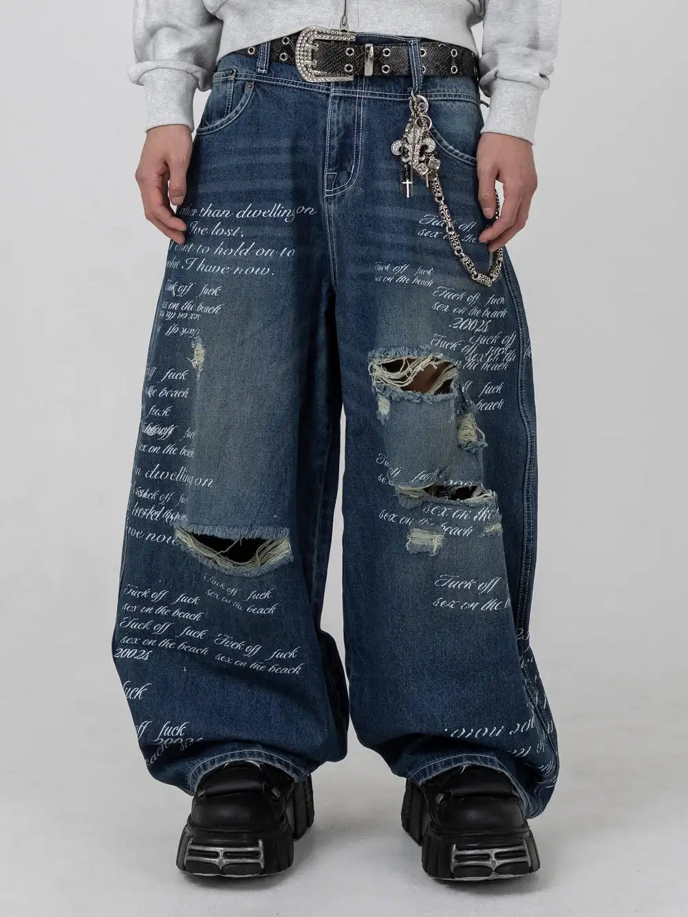 STORESDE American Fashion Printing Jeans Hip Hop Baggy Cross-legged Jeans Grey Wash Straight Mop Pants Men and Women