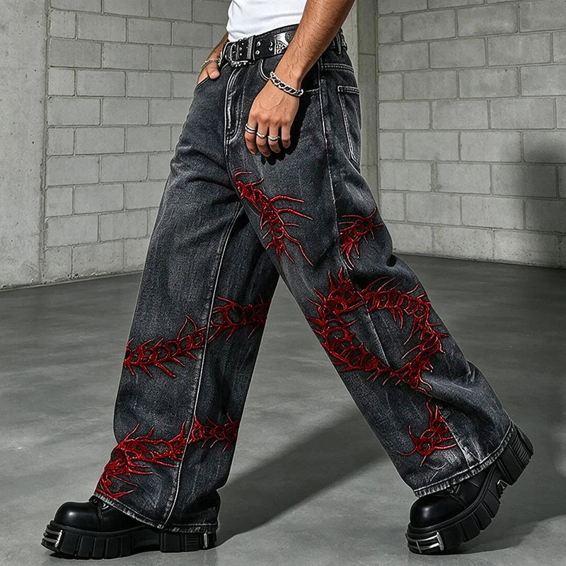STORESDE European and American style heavy industry thorn red embroidered jeans men's washed black personalized street trousers