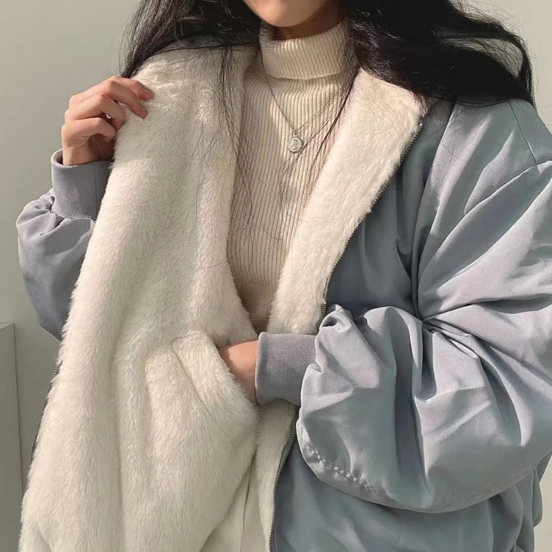STORESDE Korean Casual Women Cashmere Padded Double-Sided Lamb Wool Cotton-Padded Jacket Y2K New Zipper Hooded Cotton-Padded Jackets Coat