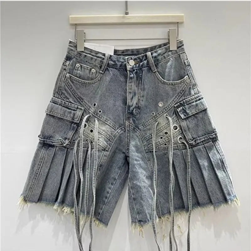 STORESDE Streetwear American Vintage Heavy Industry Washed Holes and Burrs Denim Shorts Y2 Gothic Old Multi-pocket Casual Joker Pants