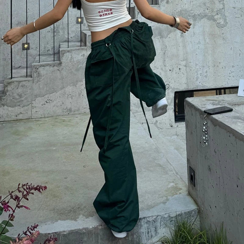 STORESDE Women American Wide Leg Pants Vintage Loose Drawstring Cargo Trousers High Waisted Jazz Hiphop Casual Summer Dance Pants