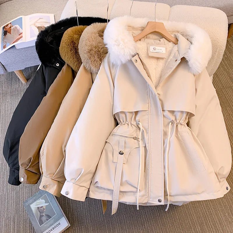 STORESDE Fleece Lined Hood Down Jacket Winter Coat for Women Warm Drawstring Padded Parkas Korean Casual Streetwear Female Puffer Outwear