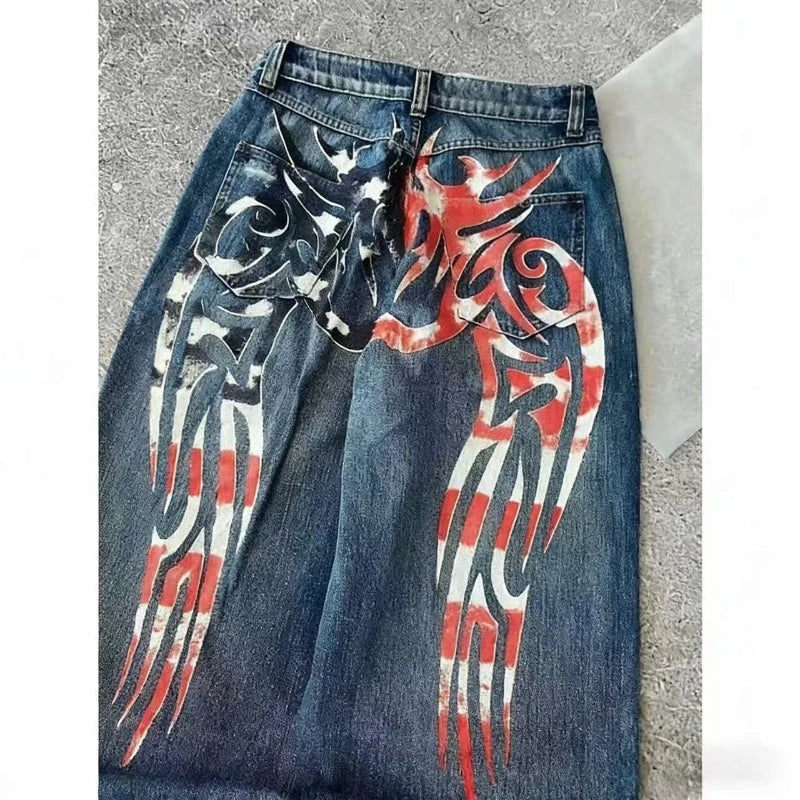 STORESDE 2026 new printed retro wide-leg casual slim trousers Hip-hop personality jeans Y2K women's dark fun graffiti floor-length pants