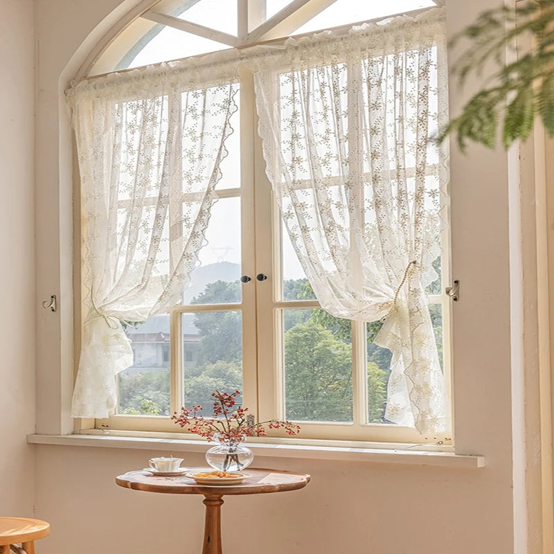 STORESDE Lace Kitchen Curtain Swaying Beige Sheer Curtains for Living Room Bedroom Window Treatment Short Vintage Floral Embroidery 1 PC