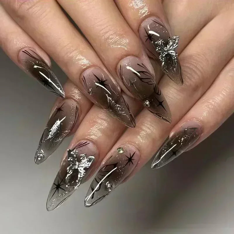 STORESDE 24Pcs Pink Almond False Nails Butterfly Ballet with French Design Wearable Fake Nails Simple Artificial Press on Nails Tips Art