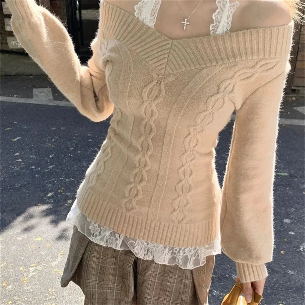 STORESDE Fashion Vintage V-neck Knitted Tops Women 2025 Early Autumn New Sweaters Pullover Slim Long Sleeve Pullovers Sexy Gray Jumpers