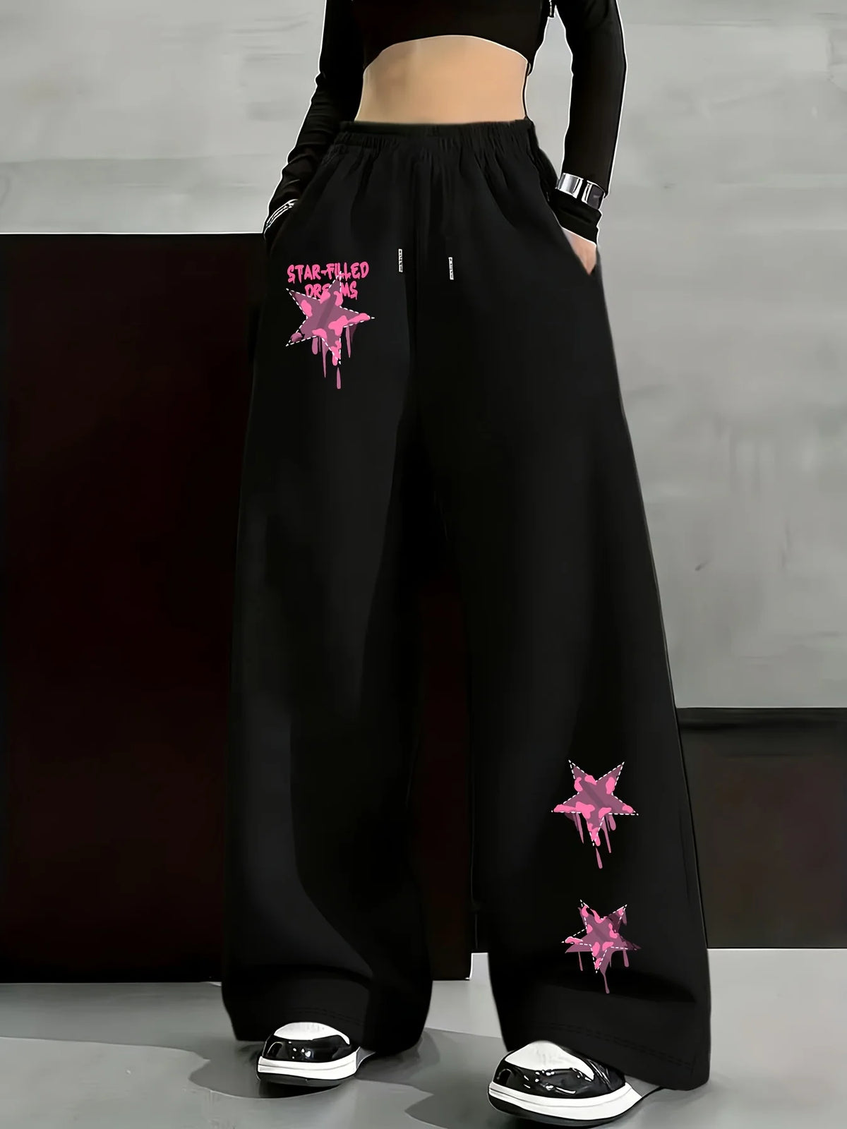 STORESDE New Women's Plus Size Spring Star Print Pants Fleece Elastic Waist Straight Leg Sweatpants Fashionable and Versatile