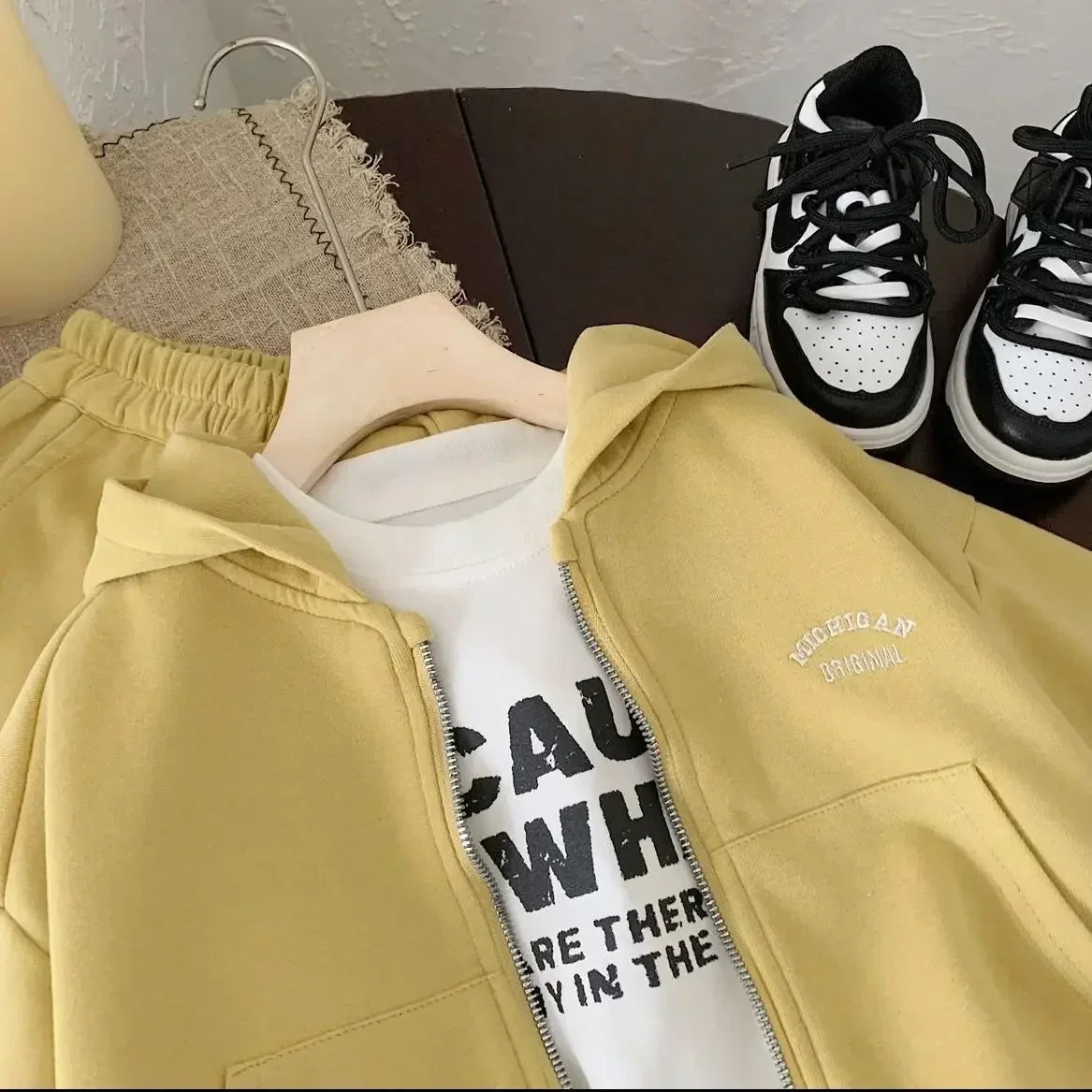 STORESDE High Quality Children's Composite Cotton Set 2026 Spring Autumn New Korean Girl Boys Letter Baby Casual Hooded Sports 2pcs Set