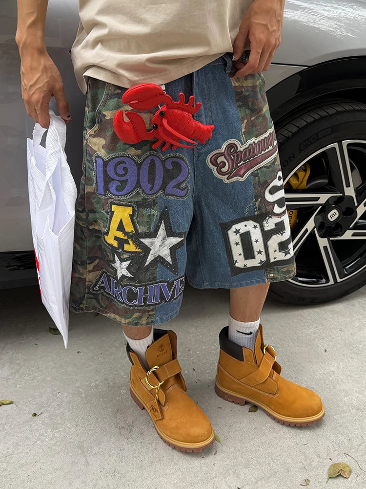 STORESDE Vintage Street Camouflage Print Five-Point Short Jeans Loose Wide Leg Shorts Unisex Summer American Hip Hop Fashion Men Clothing