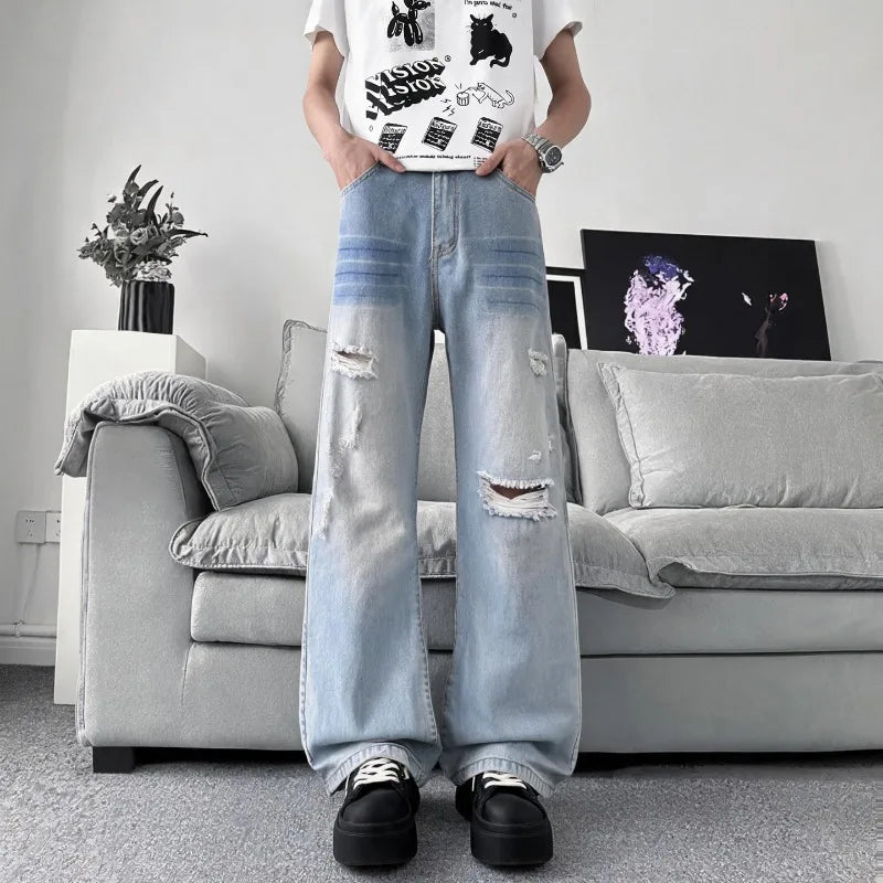 STORESDE Summer Men's Distressed Denim Pants 2026 New Gray Washed Ripped Loose Straight Leg Casual Streetwear Jeans