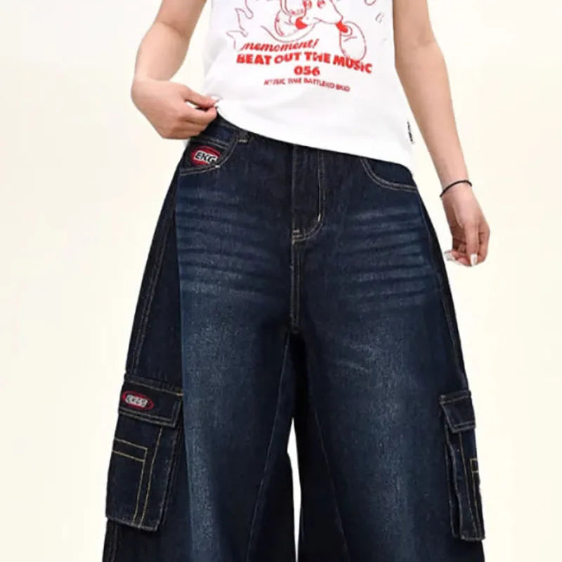 STORESDE Japanese Korean Versions Harajuku Men'S Jeans Fashion Casual Curved Pants Loose Pants Large Pockets Denim Straight Leg Pants