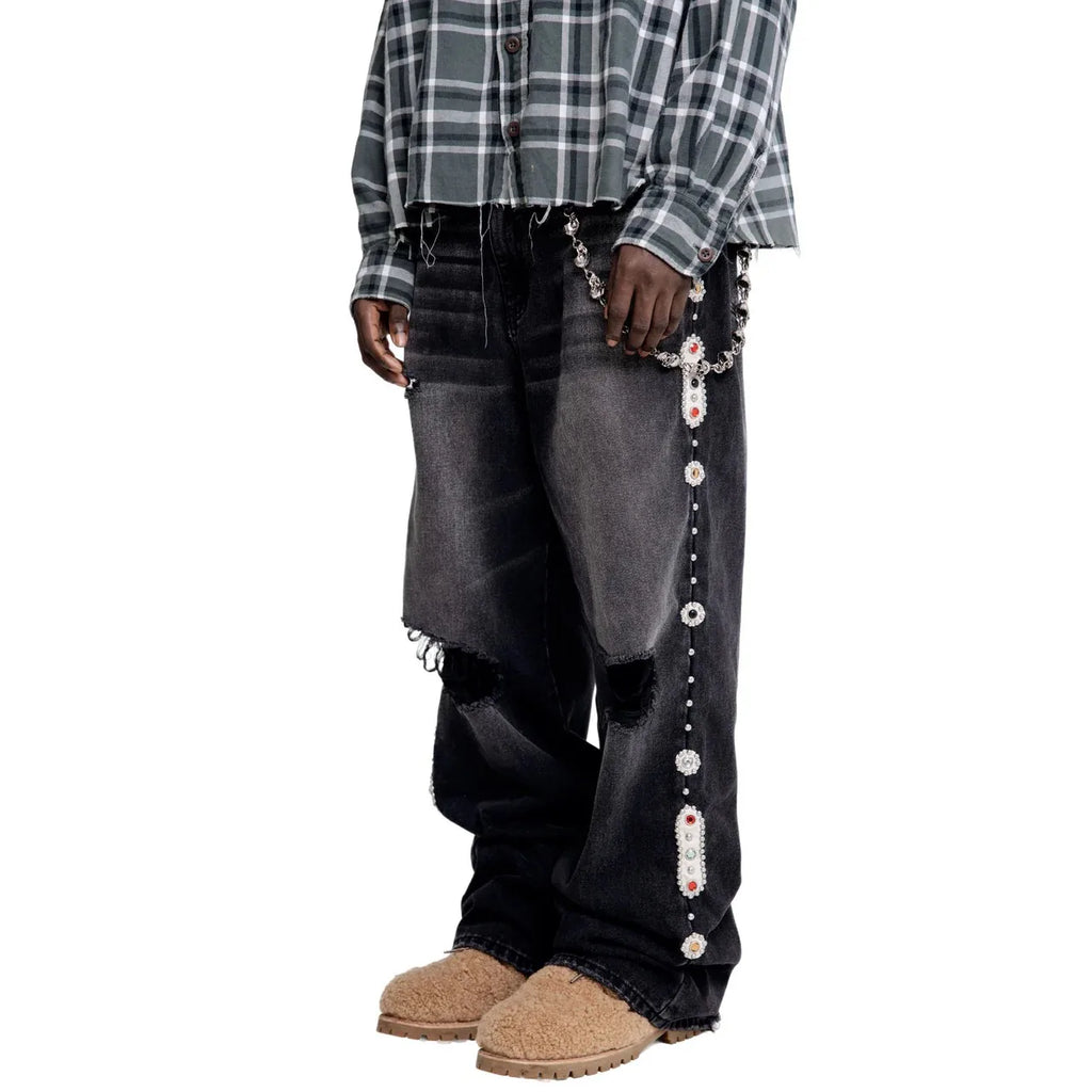 STORESDE Gothic Diamond Punk Hip Hop Men's Slim Jeans Damaged Destroyed Hole Baggy Denim Long Trouser Pants Y2k Streetwear Ripped Jeans
