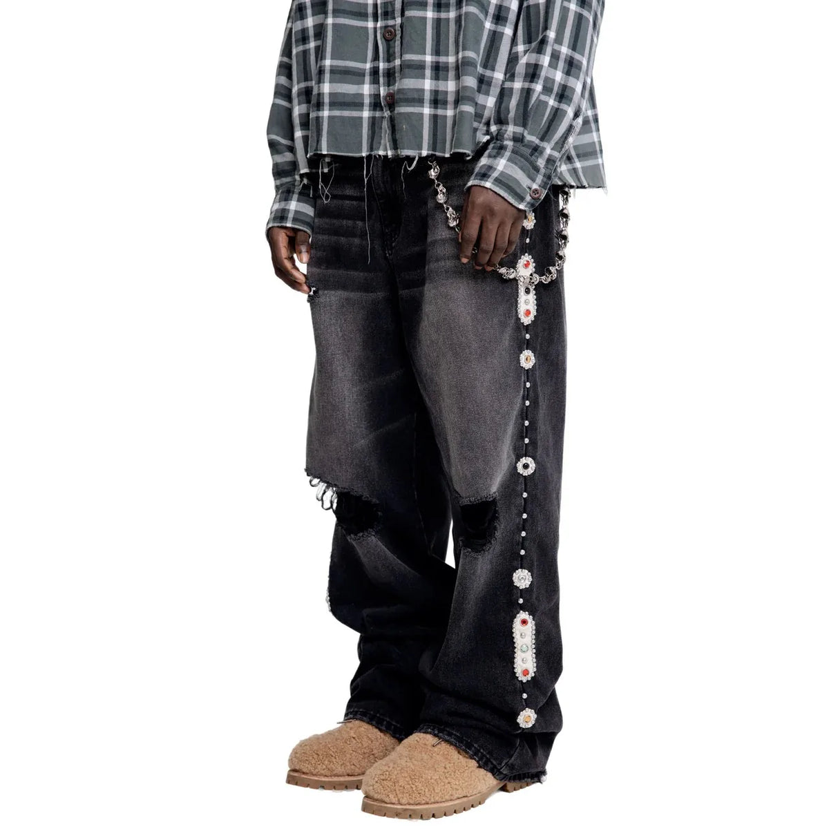 STORESDE Gothic Diamond Punk Hip Hop Men's Slim Jeans Damaged Destroyed Hole Baggy Denim Long Trouser Pants Y2k Streetwear Ripped Jeans
