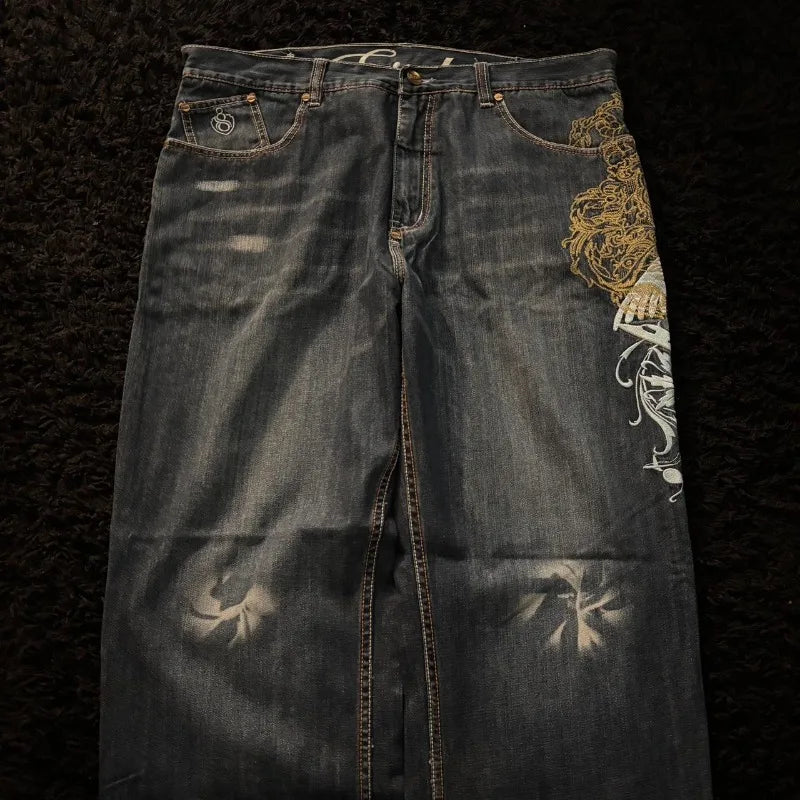 STORESDE American New Fashion Oversize Pattern Embroidered Baggy Jeans Men Y2K Gothic Harajuku Hip Hop Straight High Waist Wide Leg Pants