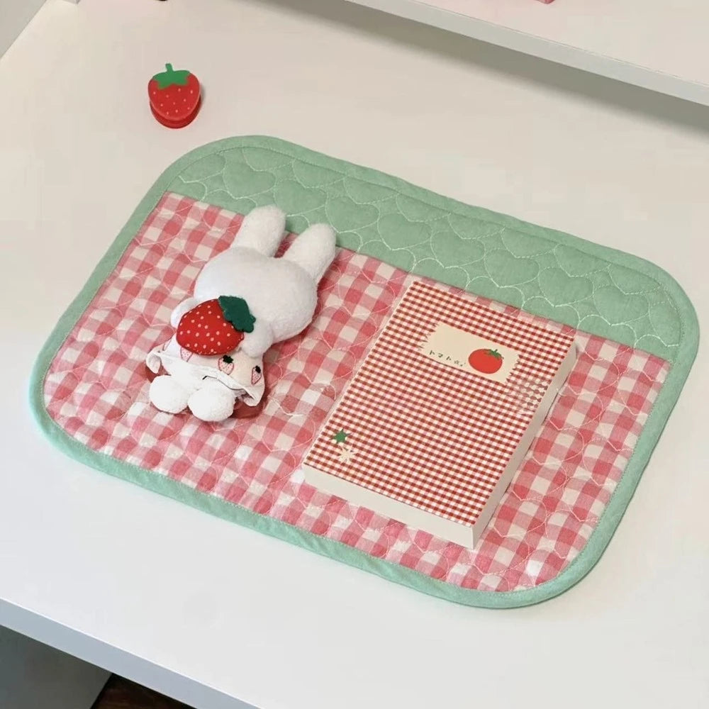 STORESDE Cute New Pink Love Quilted Japanese Style Ancient Table Mat Tablecloth Ins Style Student Desk Material Heart Shaped Table Mat