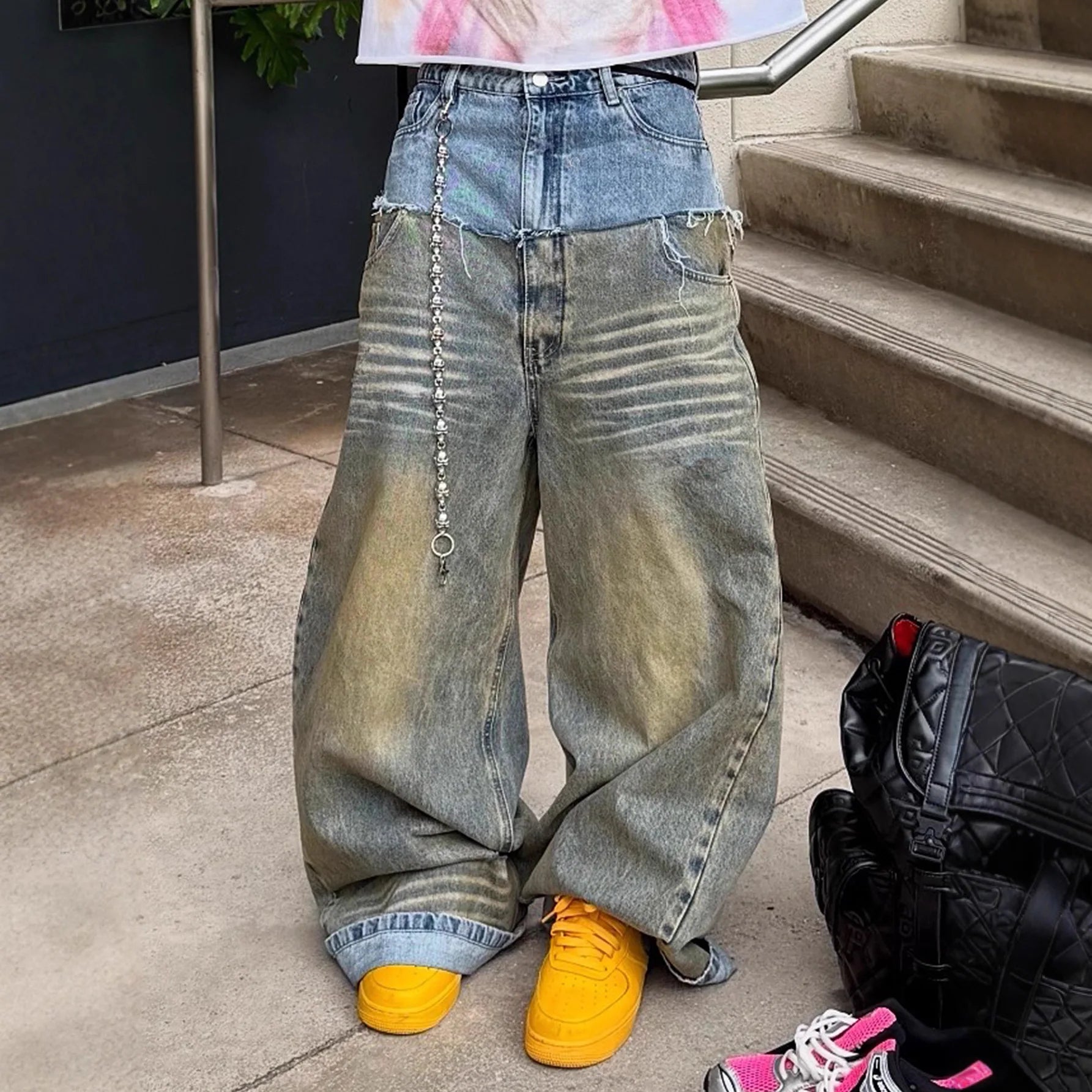 STORESDE Men's Loose Spliced Casual Daily Trendy Wide Leg Denim Trousers European American New Fashion Male Jeans Pants Bottom Clothes